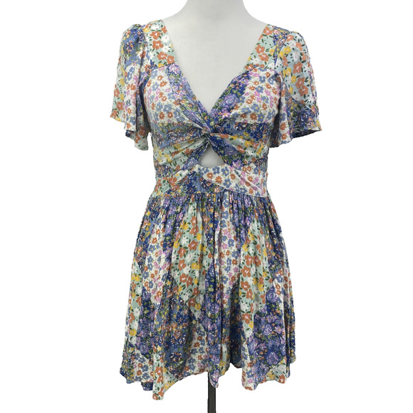 Angie Womens L Floral Smocked Peakaboo Cutout Babydoll Dress Boho Garden Fairy - Picture 1 of 9